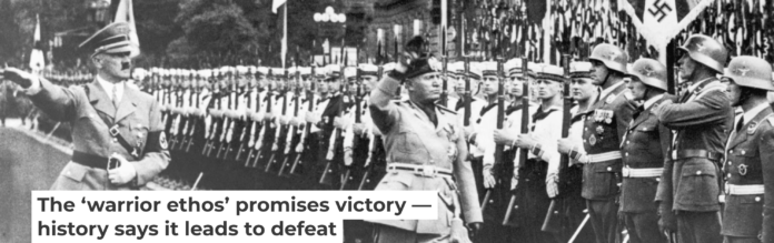 Hitler and Mussolini salute Nazi troops in 1937. Bettmann/Getty Images